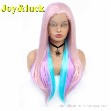 Highlight Blue Purple Pink Wholesale Wig Front Lace For Women Long Natural Straight High Temperature Fiber Synthetic Women Wig